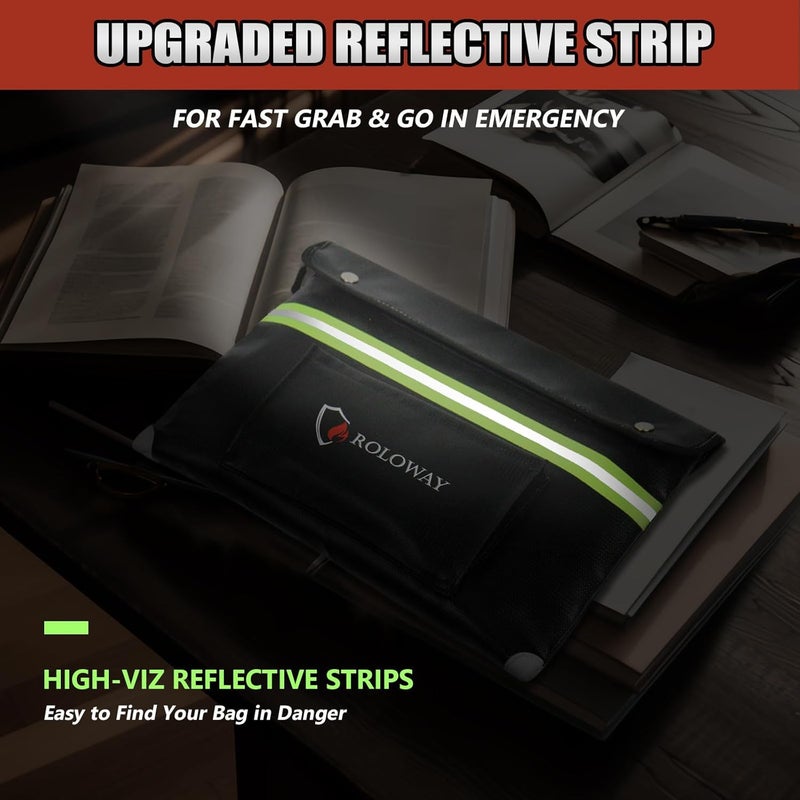 ROLOWAY Upgraded Fireproof Document Bag (14.5 x 11.5 inch) with 6400℉ Aluminum Foil Layer, Fireproof Safe Bag for Documents with Front Pocket and Reflective Strip - Image 5